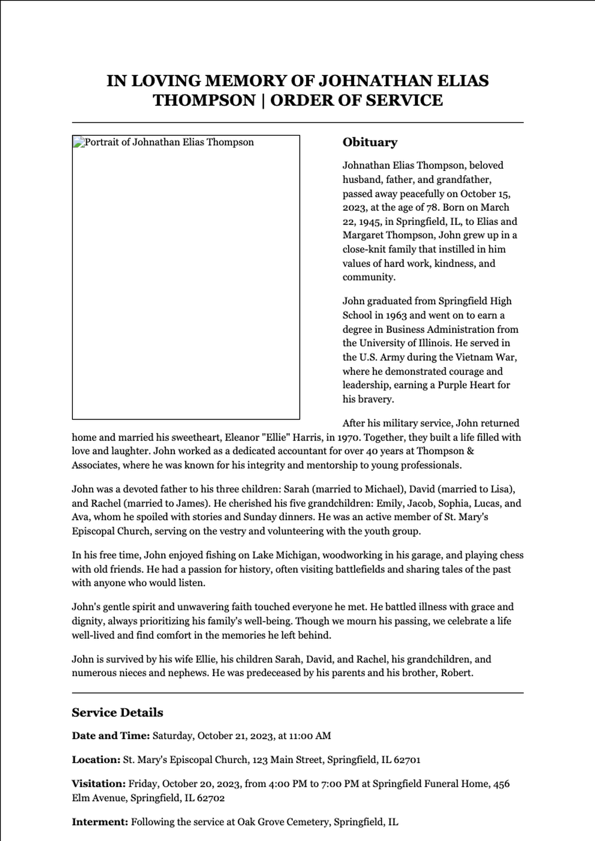 Formal obituary and order of service template with photo and placeholder text_variant_3